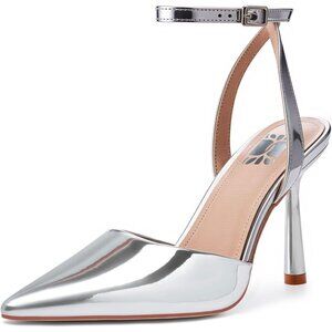Women's Silver Pumps Pointed Toe Heels with Ankle Strap Closed Toe High Heels